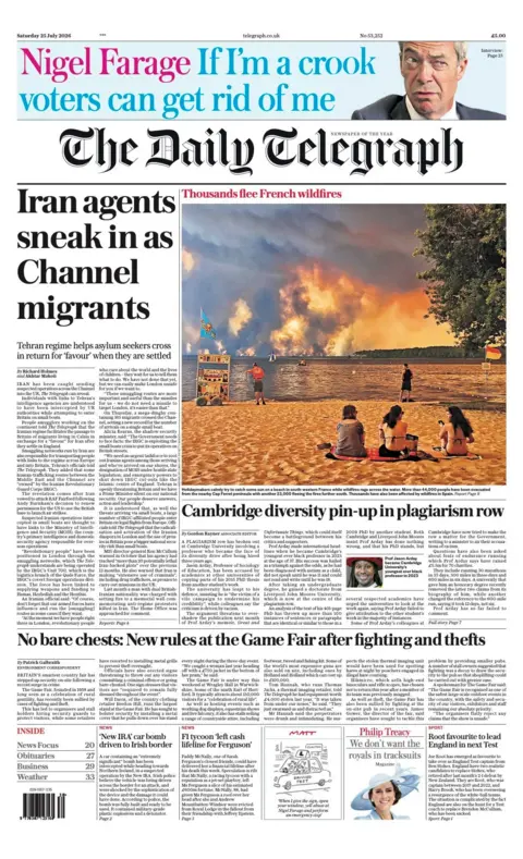 The headline on the front page of the Daily Telegraph reads: "Iran agents sneak in as Channel migrants."