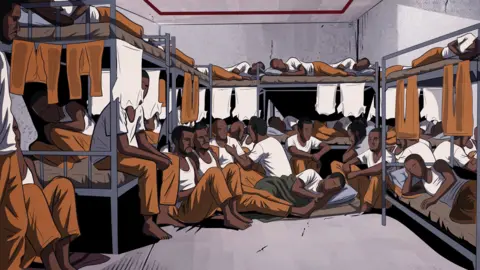 An illustration of a crowded cell with cramped bunk beds and prisoners sitting on the floor. They are wearing white T-shirts and orange trousers.