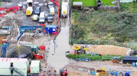 An aerial image of the burst pipe at Bulverhythe
