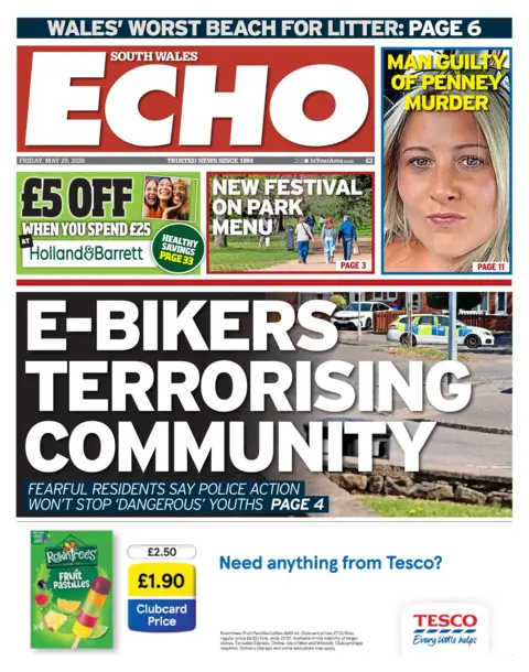 South Wales Echo The front page of the South Wales Echo is 'E-bikers terrorising communities'.
