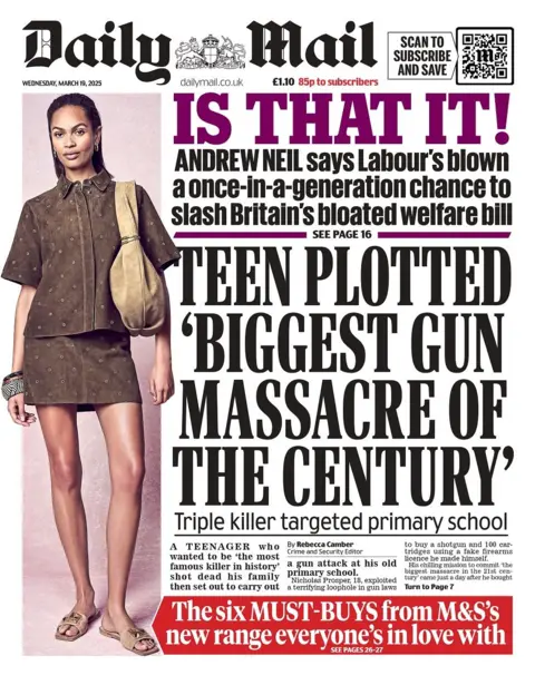 Front leafage   of the Daily Mail for Wednesday 19 March 2025.