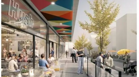 Urban Splash An artist's impression shows people sitting on a balcony eating and drinking. There is a colourful roof and a sign saying Hush