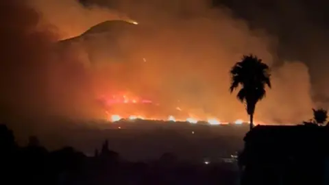 John Hale Large wildfire burning across a hillside at night, with bright orange flames and thick smoke rising into the sky. Silhouettes of palm trees and residential buildings are visible in the foreground.
