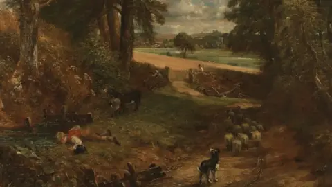 The National Gallery The final version of The Cornfield. It shows a boy on the bank of a pool drinking its water next to a lane winding into the cornfield based on Fen Lane. On the lane are some sheep and a dog. 