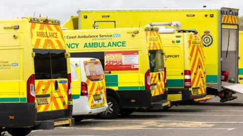 Getty Images A line of ambulances in a parking area.