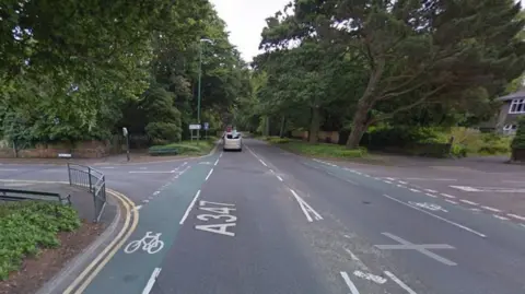 Tree lined road with junction running across from left to right.