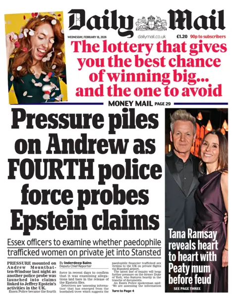 The front page of the Daily Mail reads: "Pressure piles on Andrew as FOURTH police force probes Epstein claims."