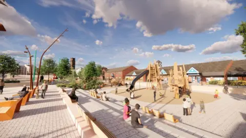 Wirral Council An artist's impression of how Woodside could look in the future showing people walking along a pedestrianised area, people sat on a bench and a children's playing area. Hamilton Square station is located in the background.