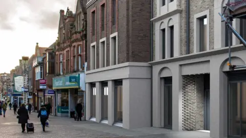 A computer-generated image shows how the new modern-looking buildings would look against the existing scene of the shopping street. Next door is an ornate Victorian building with a green Poundland shop front at ground level. The new buildings have grey stone lower floors with large windows. The upper floors are brick with grey stone window surrounds.