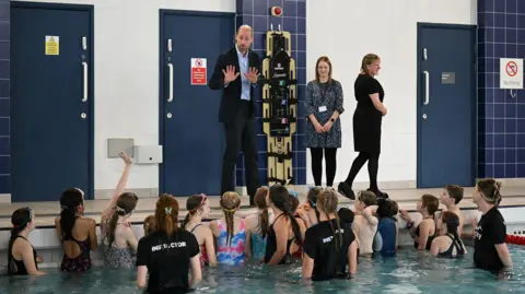 Reuters The Prince of Wales standing at the side of the pool, speaking to school children in the water for a swimming class. One girl has her hand up to ask a question.