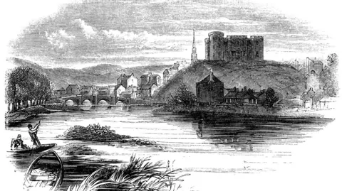 Getty Images A black and white sketch of Inverness Castle and Inverness' Riverside. The illustration shows the castle on its hill and houses and bridge with four arches below. In the foreground is an empty rowing boat among reeds. There is a second rowing boat with two men in it. One of the men is standing and using a pole to manoeuvre the boat on the river.