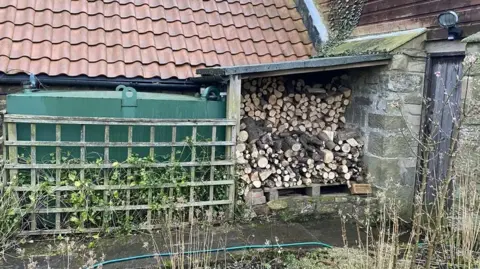 A picture of some logs with a heating oil tank next to it 