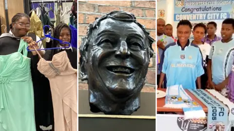 A composite of three images. In the left image, a group of young people indoors holding up long dresses on hangers, with clothing racks and costumes in the background. In the middle is a bronze bust of a man's head with short hair in front of a brick wall. In the right image a group of men and women in football T-shirts stood around a table with Sky Blues merchandise, a cake and drinks
