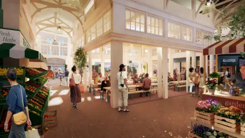 A CGI artists impression of the new covered market, which includes a bright area with communal seating alongside various market stalls.