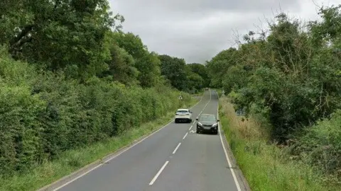 A road lined with trees and shrubbery, with a white car heading away from the viewer and a black car heading towards. There is a triangular signpost in the distance and another car further away.