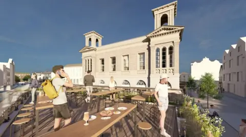 ZAP Architecture CGI of visitors looking down towards the street from a roof terrace, which is lined with long tables and circular stools