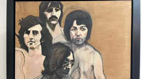 A stylised version of all the Beatles on one canvas, no clothing but nothing unexpected is shown