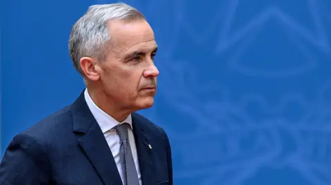 Canadian Prime Minister Mark Carney seen against a blue backdrop, wearing a darker blue suit and tie. He has a neutral expression 