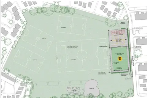 Aberdeen City Council Drawing showing where the court would be in relation to the current pitches. The court is at the back showing green astro turf and grey basketball court. The drawing of the football pitches is in green, with white outlines. 