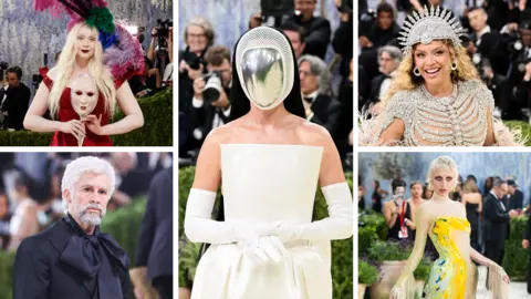 A composite image of 5 people in flamboyant costumes at the Met gala. In the centre in a largest part of the image is a women in white wearing a mask over her face