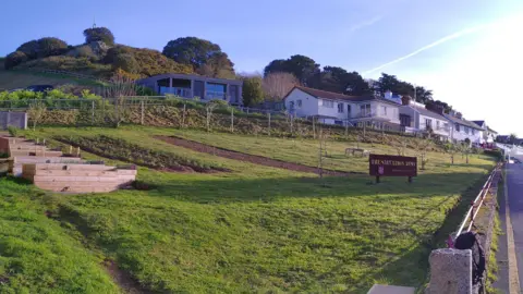 Salvation Army A field on a slope with houses in the background and the sun shining. A Salvation Army sign and planting boxes are also on the sloped field.