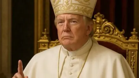 The image features Trump wearing a white cassock and pointed miter, traditionally worn by a bishop. He wears a large cross around his neck, and has his finger held up, with a solemn facial expression.