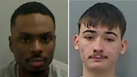 Mugshots of Luis Fonseca and Derem Turner. Fonseca is black with short black hair and a moustache. Turner is white white acne spots across his cheeks, short brown hair and a wispy moustache