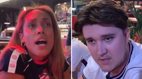 A woman speaks to camera on the left, while a man in a white England top can be seen on the right.