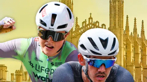 Monument Cycling Image of two cyclists wearing spandex, helmets and sunglasses against the backdrop of a Cambridge University college chapel. 