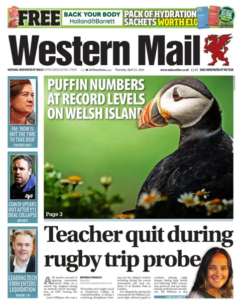 Western Mail The front page of Western Mail. The main headline reads: puffin numbers at record levels on welsh island