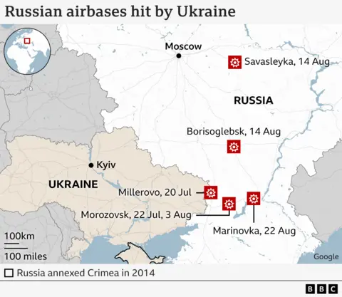 Map of Russian airbases hit by Ukraine.