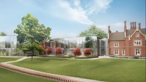 WilkinsonEyre An artist's impression showing a modern building with a glass frontage attached to the 19th century Holt Hall.