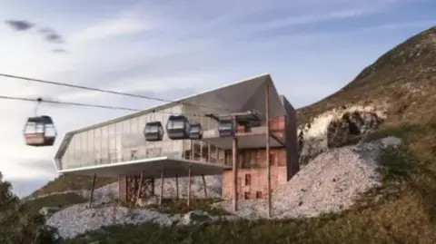 Newry, Mourne and Down Council An artist's impression of what the Slieve Donard gondola and visitors' centre might have looked like before it was rejected. The drawing shows a modernistic building on stilts, perched on the side of a mountain. Cable cars are seen travelling to and from it.
