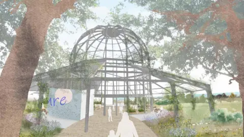 An artist illustration of the redeveloped aviary: a large metal structure, situated in a park surrounded by trees. The drawing features silhouettes of people walking into the park via a landscaped path.