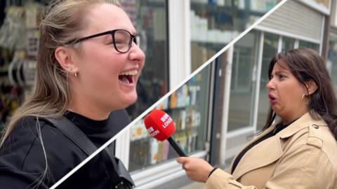 Split thumbnail: Lady laughing and a shocked presenter holding a microphone