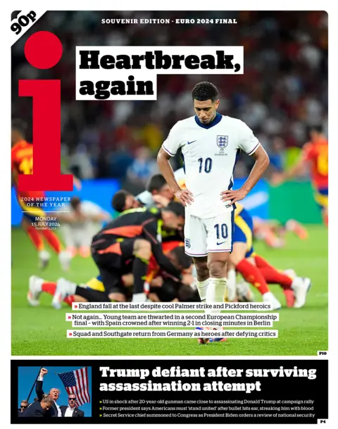 The headline in the i reads: "Heartbreak, again".