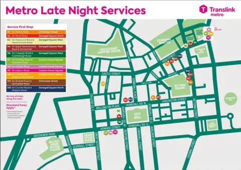 Translink Map of the various Metro Late Night Services released by Translink. It has various colours including pink, green and brown