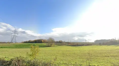 A green field with energy pylons in the left of the image. The field is vast with trees in the background. 