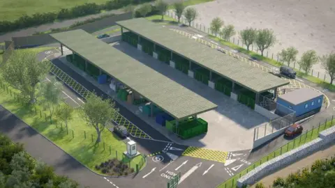 Cambridgeshire County Council An artist's impression of a recycling centre which has two rows of different colour containers for waste. Both rows are covered with a green canopy and there are spaces to park cars. Trees are planted around the site.