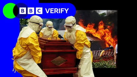 Composite image shows three ebola health workers in hazmat outfits carrying a coffin. In the background a separate scene shows tents at an ebola treatment centre set on fire. 