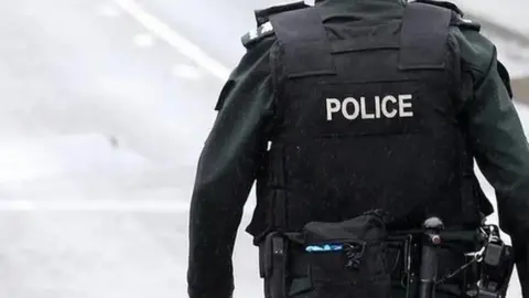 Police officer walking along a road with his back facing away