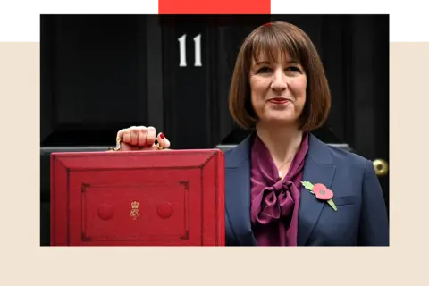 Getty images pose with Rechhel Reeves Red Budget box because she leaves 11 Downing Street,