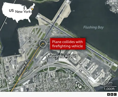 A map of LaGuardia Airport showing where the plane collided with an emergency service vehicle