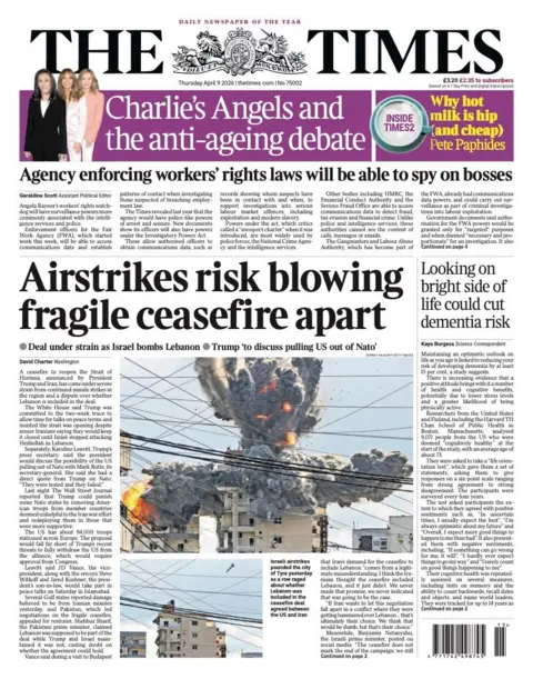 The headline on the front page of the Times reads: “Airstrikes risk blowing fragile ceasefire apart”.