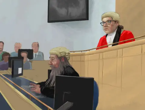 Nick Lewis Coloured drawing of the judge sitting high behind her desk and the court clerk below her working on a computer. The judge is wearing a red gown and grey framed glasses with brown hair protruding from beneath her white wig. The clerk is in a black gown and white wig and has long grey hair and beard. In the background is a sketch of a TV showing they black and white video of the felling.