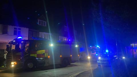 Fire engines attending the incident in West Byfleet