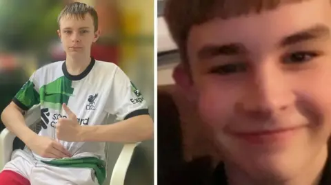 Avon and Somerset Police Mason Rist sitting down, wearing a football jersey and posing with his thumb up. On the right, there is a close up picture of Max Dixon smiling at the camera.