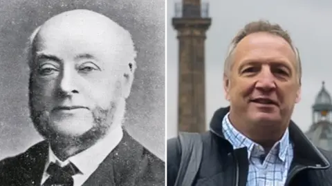 Supplied A composite of Andrew Leslie and his great-great-great-nephew Andrew Leslie. The Leslie on the left is looking straight at the camera, in this black-and-white photo. He has a dark beard and is balding. He is wearing a suit. The Leslie on the right is standing in front of the Newcastle Monument and looking at the camera with a slight smile on his face. He has short light brown hair and is wearing a blue shirt and jacket.