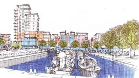 City of Doncaster Council Artists impression of the Gas House basin/marina showing narrow boats and a paved area with trees and buildings in the background