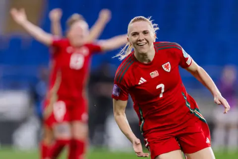 Wales vice-captain Ceri Holland celebrates scoring for Wales against Denmark in the Nations League at the Cardiff City Stadium.